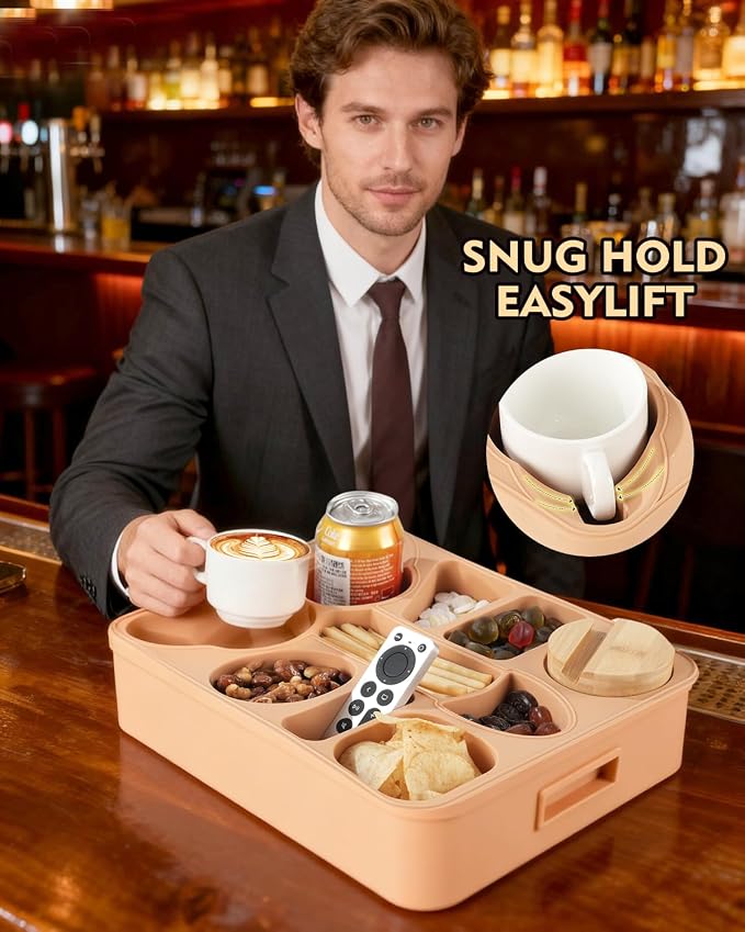 Couch Cup Holder Tray Dual Cup Silicone Organizer – Waterproof Anti-Slip Snack & Drink Tray for Sofa, Bed, Car & Camping, Dishwasher Safe Funny Gift