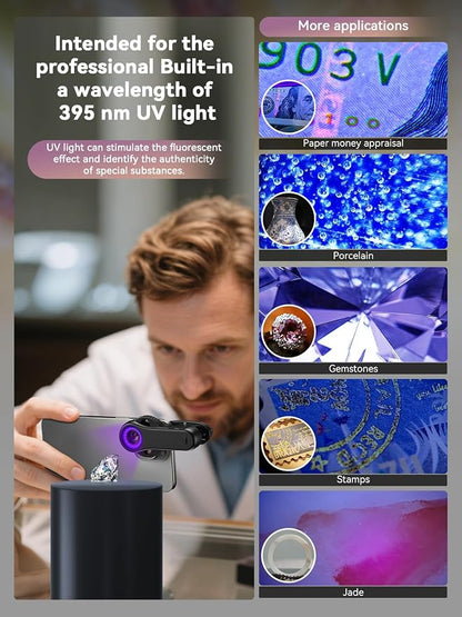 MIAO LAB Phone Microscope, 40x/80x/120x 3-in-1 Switchable Magnification Portable Microscope with LED UV Light CPL Lens for iPhone & Android Phone Zoom Lens Attachment for Plants/Coins/Jewelry