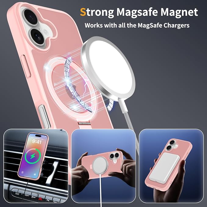 Ultra-Magnetic Stand for iPhone 17 Case [Military Drop Protection] [Compatible with MagSafe] Shockproof Translucent Matte Slim Ring Holder Case for iPhone 17 (Pink)