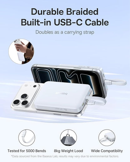 Baseus Magsafe Power Bank, 10,000mAh 30W Magnetic Portable Charger, Fast Charging Wireless Battery Pack with Built-in Braided USB-C Cable for iPhone 17 Pro Max/Air/16/15/14/13, AirPods, iPad and More