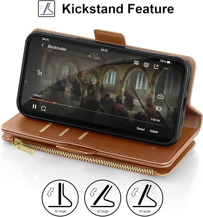 Antsturdy Compatible with iPhone 16 Plus Wallet Case,RFID Blocking PU Leather Phone Case Women Men Kickstand flip Cover Wrist Strap Zipper Credit Card Holder Slots for Apple 16 Plus 6.7",Light Brown