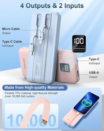 AsperX 2-Pack 10000mAh Portable Charger with Built-in Cables, USB C Travel Essential Battery Pack with 4 Outputs 2 Inputs,LED Display Power Bank with Cord Wires for iPhone Samsung Google Pixel iPad