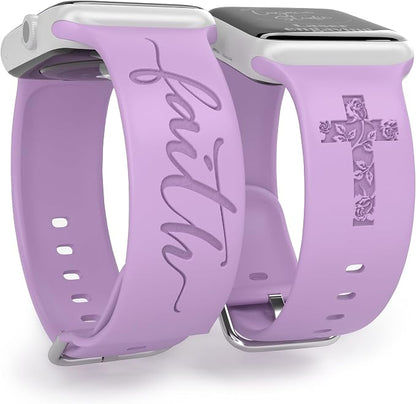 Faith with Cross Watch Band Compatible with Apple Watch Laser Engraved iWatch Band Silicone 38mm 40mm 41mm 42mm 44mm 45mm 46mm 49mm Strap Jesus Psalm Christian God Blessed (Lavender, 38/40/41mm M/L)