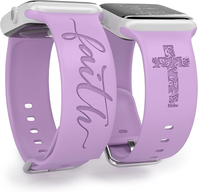 Faith with Cross Watch Band Compatible with Apple Watch Laser Engraved Band Silicone 38mm 40mm 41mm 42mm 44mm 45mm 46mm 49mm Strap Jesus Psalm Christian God Blessed (Lavender, 42/44/45/46/49mm M/L)