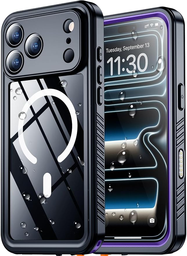 SPIDERCASE Magnetic for iPhone 17 Pro Max Case Waterproof, Built-in Screen & Camera Lens Protector[IP68 Underwater] [Military Grade Shockproof] Full Body Protection Phone Case, Purple/Clear