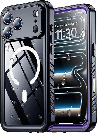 SPIDERCASE Magnetic for iPhone 17 Pro Max Case Waterproof, Built-in Screen & Camera Lens Protector[IP68 Underwater] [Military Grade Shockproof] Full Body Protection Phone Case, Purple/Clear