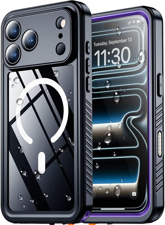 SPIDERCASE Magnetic for iPhone 17 Pro Max Case Waterproof, Built-in Screen & Camera Lens Protector[IP68 Underwater] [Military Grade Shockproof] Full Body Protection Phone Case, Purple/Clear