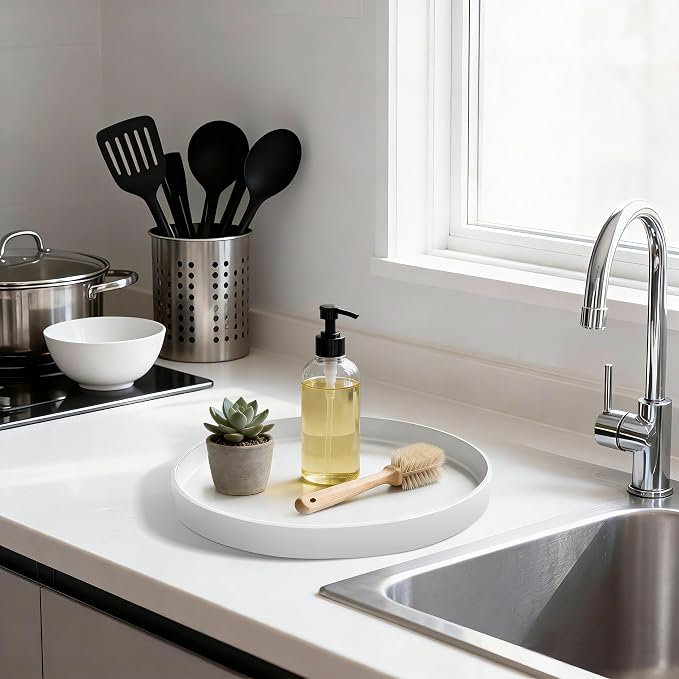 1 Pack 9" Bathroom and Vanity Tray, ABS Bathroom Counter Organizer, Coffee Table Decor for Perfume, Candles, Keys &More. Kitchen Countertop Organizer, Decorative Tray Soap Holder, White