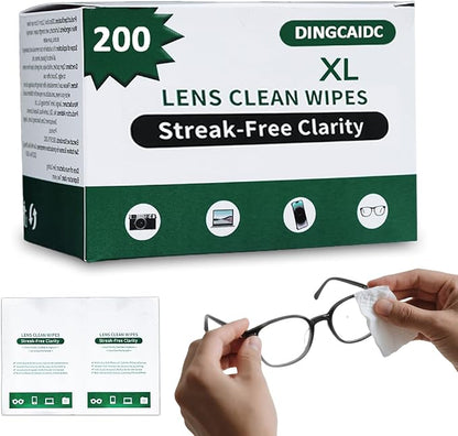 200 Count XL Lens Wipes for Eyeglasses - Extra Large Pre-Moistened Cleaning Wipes for Glasses, Sunglasses, Camera Lenses, Phone Screens - Individually Wrapped, Ammonia-Free & Streak-Free