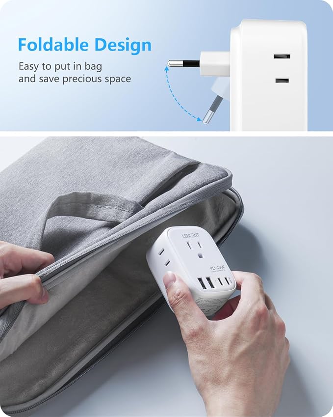 LENCENT European Travel Plug Adapter, PD 45W Type C Foldable Power Plug | with 4 Outlets 4 USB Ports, USB Fast Charger Adaptor, Power Adaptor for US to Most of Europe EU Spain Italy France Germany
