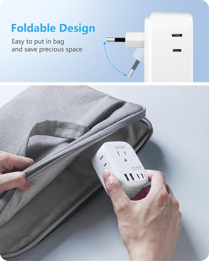 LENCENT European Travel Plug Adapter, PD 45W Type C Foldable Power Plug | with 4 Outlets 4 USB Ports, USB Fast Charger Adaptor, Power Adaptor for US to Most of Europe EU Spain Italy France Germany