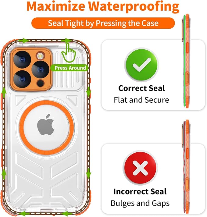 for iPhone 16 Pro Waterproof Case Compatible with MagSafe, IP68 Underwater Case Built-in Screen Protector, Slim Translucent 360° Full Body Protection, 12FT Military Grade, 6.3 Inch (Orange)