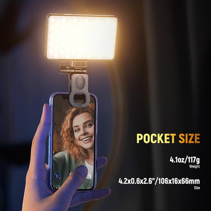 NEEWER Basics LED Selfie Phone Light, Rechargeable 2500-9000K Clip On Fill Light, Color Films/Diffuser/3000mAh, CRI95+ Dimmable Video Conference Lighting for iPhone Camera Laptop Zoom Call, BL120B