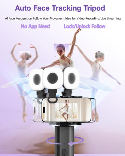 Auto Face Tracking Tripod 360 Rotation with Light, Phone Tripod Stand with Remote Follow Your Movement, for Android Phone Selfie Stick for Content Creators Vlog (Black)