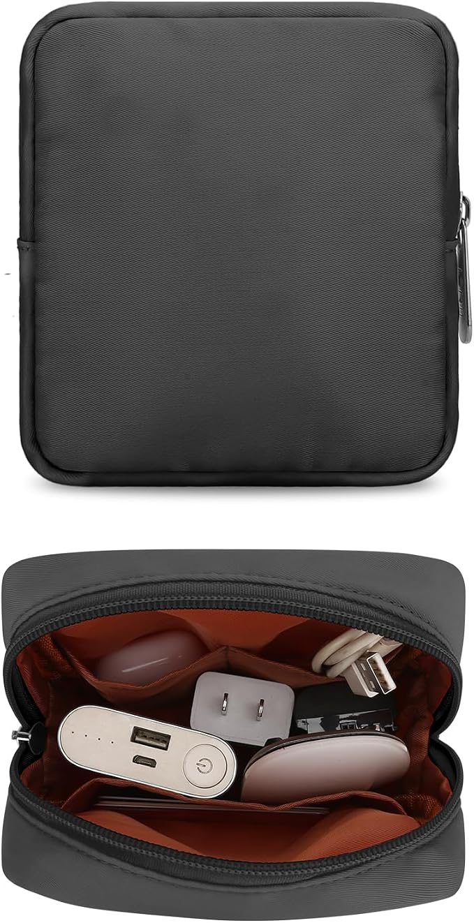 Tech Organizer Pouch, Small Multi-Pocket Electronics Case (Black) | Water-resistant nylon, foam padding, metal zipper, travel cable bag for charger, power bank, earbuds, SD cards and USB cables