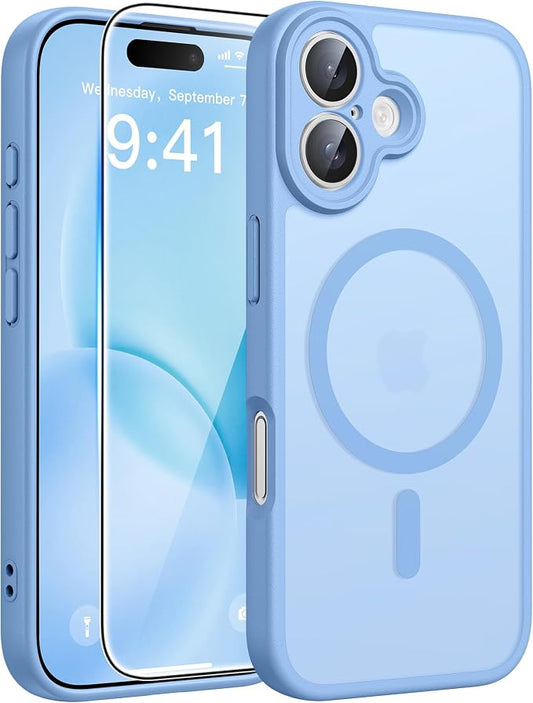 FNTCASE for iPhone 16 Case [Compatible with Magsafe] Translucent Matte Cases with [Screen Protector] Military Grade Shockproof Protective Phone Cover - Light Blue