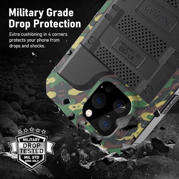 Beasyjoy for iPhone 13 Pro Max Case Waterproof, Metal Military Grade Case with Built in Screen Protector, Heavy Duty Full Body Protective Defender Rugged Underwater Phone Case 6.7'' (Camo)