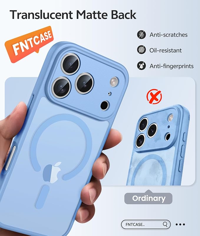 FNTCASE for iPhone 17 Pro Max Case: [Compatible with Magsafe] Translucent Matte Cases with [Full Camera Protection] [Screen Protector] Military Grade Shockproof Protective Phone Cover - Light Blue