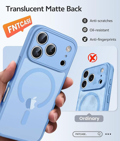 FNTCASE for iPhone 17 Pro Max Case: [Compatible with Magsafe] Translucent Matte Cases with [Full Camera Protection] [Screen Protector] Military Grade Shockproof Protective Phone Cover - Light Blue