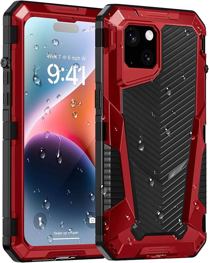 Beasyjoy for iPhone 14 Waterproof Case, Metal Heavy Duty Case with Built-in Tempered Glass Screen Protector, Military Grade Shockproof Full Body Protection, Rugged Phone Case for iPhone 14, Red