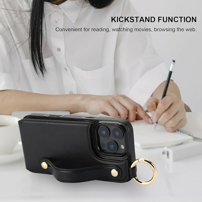 Folosu for iPhone 16 Pro Max Wallet Case with Card Holder, Hand Wrist Strap Loop Holder Kickstand, RFID Blocking Finger Grip Ring PU Leather Double Buttons Shockproof Cover 6.9" Black