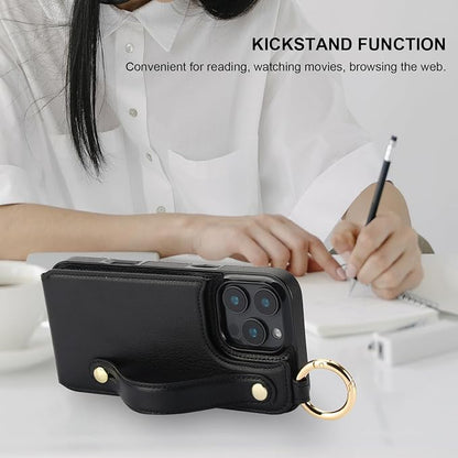 Folosu for iPhone 16 Pro Max Wallet Case with Card Holder, Hand Wrist Strap Loop Holder Kickstand, RFID Blocking Finger Grip Ring PU Leather Double Buttons Shockproof Cover 6.9" Black