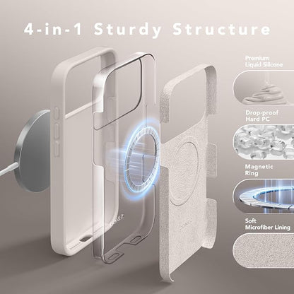 GONEZ Magnetic for iPhone 17 Pro Max Case, Compatible with MagSafe, [Screen Protector + Camera Lens Protector], Liquid Silicone Anti-Scratch Shockproof Protective Phone Case 6.9 inch, Stone