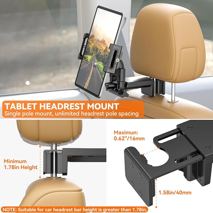 KDD Car Headrest Tablet Holder Mount, 360°Adjustable iPad Stand for Car Back Seat and Desk, Road Travel Essentials Accessory Compatible with iPad Pro,Air, Switch, Galaxy, 4.7-12.9" Phone and Tablet