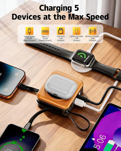 for Magsafe Portable Charger with Built-in Cables and AC Wall Plug, 10000mAh Magnetic Wireless Power Bank 22.5W Type-C in & Out Fast Charging Battery Pack for iPhone 17/16/15/14/13/12 Series, Orange