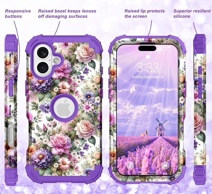Hocase for iPhone 17 Case 6.3", Heavy Duty Shockproof Protection Soft Silicone Rubber+Hard Plastic Bumpers Hybrid Protective Case for iPhone 17 2025 - Purple Pink Flowers