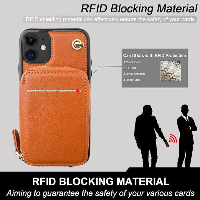 Bocasal Crossbody Wallet Case for iPhone 11, RFID Blocking Leather Purse Case with Card Holder, Protective Handbag Flip Cover with Zipper Wrist Strap Lanyard for Women 6.1 Inch (Brown)