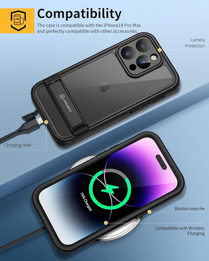 Lanhiem for iPhone 14 Pro Max Case with Kickstand, IP68 Waterproof Dustproof Built-in Screen Protector, Full Body Shockproof Protective Cover for iPhone 14 Pro Max, 6.7 Inch (Black)