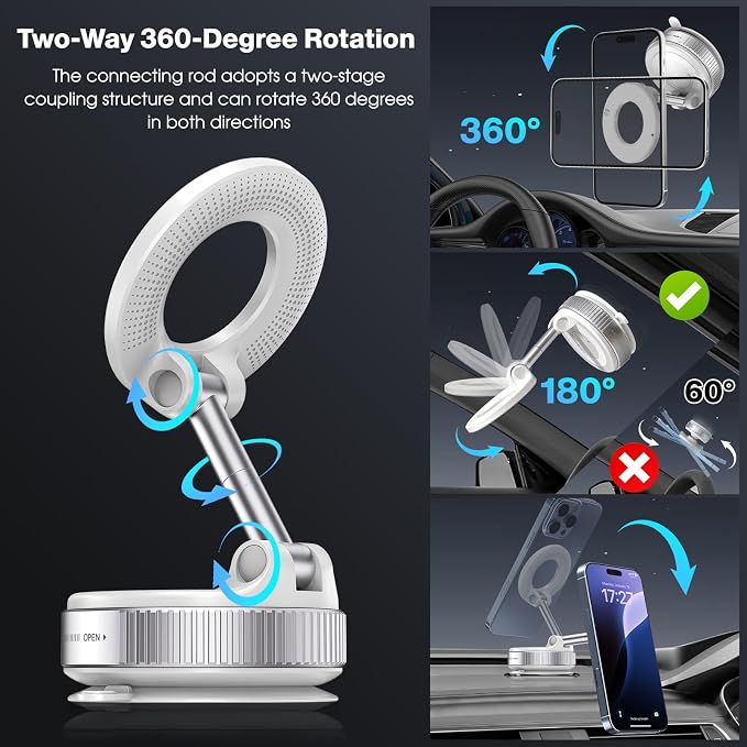 Jikasho Vacuum Magnetic Car Phone Holder for Magsafe, Hands-Free 360° Adjustable Suction Cup Phone Mount for Car/Gym/Mirror/Smooth Surface, Compatible with iPhone & Android (White)