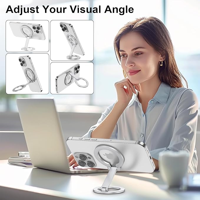 Double Magnetic Phone Grip Holder for MagSafe, Portable Phone Stand for Gym Removable Magnetic Ring Kickstand for iPhone 17 16e 16 15 14 13 12 Pro Max Series MagSafe Case, Attach to Any Iron Surface