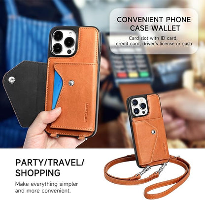 LUCKYCOIN for iPhone 15 Pro Max Crossbody Wallet Case – Genuine Leather Phone Purse with Adjustable Strap and Card Holder,Lanyard Phone Purse Case for Women,Vintage Brown