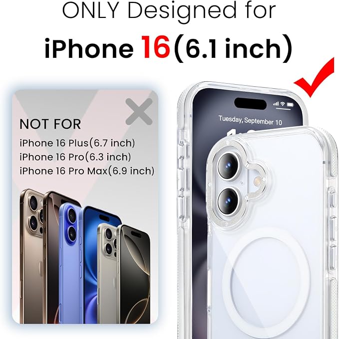 3 in 1 for iPhone 16 Case Clear with MagSafe, Yellowing-Resistant Acrylic Back, Shockproof Guard Corners, Military-Grade Protection for iPhone 16 Phone Case 6.1 inch Clear Bumper