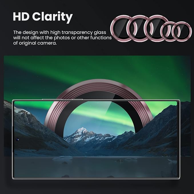 Tensea [3+2PCS for Samsung Galaxy S22 Ultra Camera Lens Protector, 9H Tempered Glass Camera Cover Screen Protector Metal Individual Ring, S22 Ultra 5G 2022 [Installation Tray][Removal tool]-Burgundy