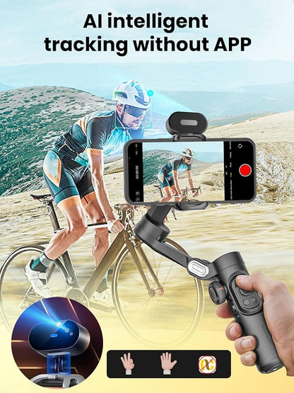 AOCHUAN XE AI Version,Gimbal Stabilizer for Smartphone,NO APP AI Tracking, Gesture Control,360°Inception Gimbal with TikTok YouTube,3-Axis Foldable Handheld Tripod for iPhone& Android,Black