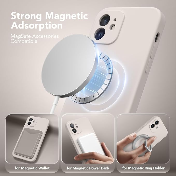 Magnetic for iPhone 12 Case, Compatible with MagSafe, [Full Camera Protection][Screen Protectors] Silicone Shockproof Protective Phone Case for iPhone 12 6.1", Stone