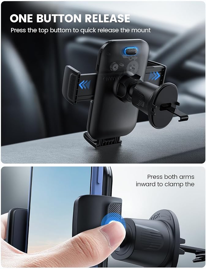 Lamicall 2026 Wider Clamp & Metal Hook Car Phone Holder Vent [Thick Cases Friendly] Phone Holders for Your Car Mount Automobile Hands Free Cradle Air Vent for iPhone 17 16 15 Pro Max Dark Grey