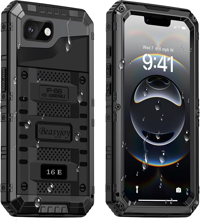 Beasyjoy for iPhone 16e Case/iPhone 17e Case Waterproof, Metal Heavy Duty Full Body Protective Case with Built-in Screen Protector, Military Grade Shockproof Cover for iPhone 16e/17e 6.1", Black