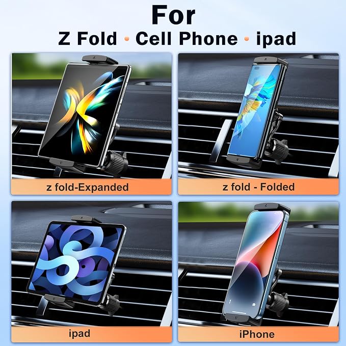 Long Arm Car Phone Mount for Samsung Galaxy Z Fold 7 6 5 4 3 Accessories Tablet Holder for Air Vent Handsfree, 360° Rotatable Fit for iPad mini 6 Pro iPad Air Pixel and More 4-12.9" Device