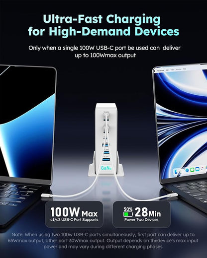 380W USB-C Charger Block, 8-Port USB-C Charging Station PD 30W + 100W PC Laptop, Fast Charging Hub with High-Power Fast Charging Cable for MacBook Pro/Air, DELL, iPad, iPhone, Samsung Galaxy, White