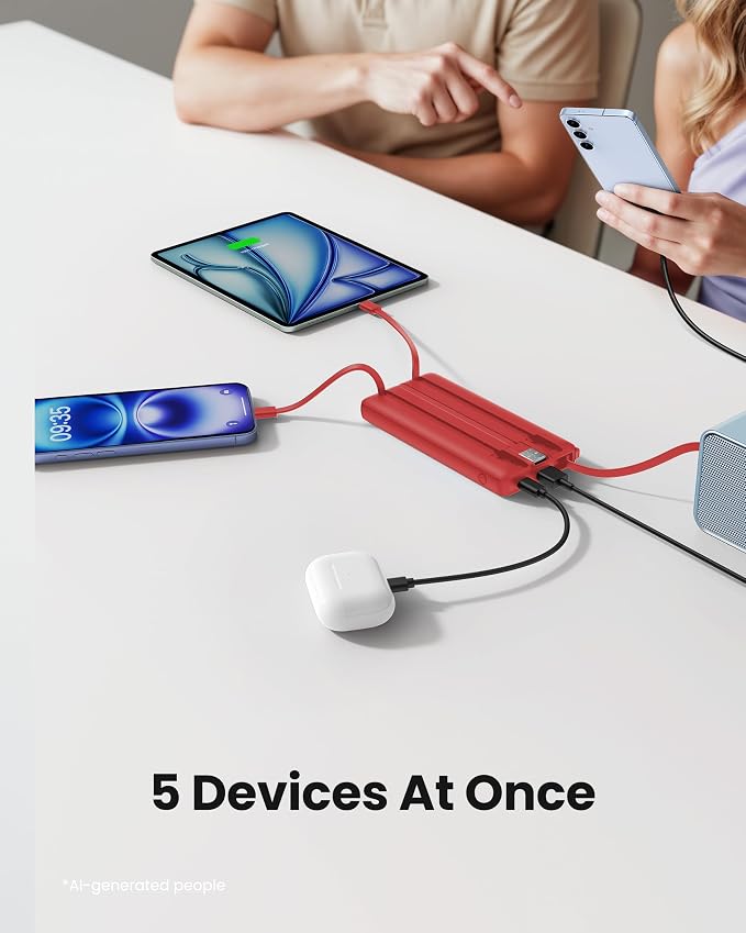 Portable Charger Power Bank, External Battery Pack with Cords Wires, Light 10000mAh Travel Essentials Battery Bank 5 Outputs 2 Inputs LED Display Compatible with iPhone/Android &More(Magenta)