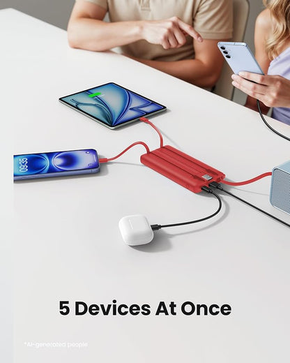 Portable Charger Power Bank, External Battery Pack with Cords Wires, Light 10000mAh Travel Essentials Battery Bank 5 Outputs 2 Inputs LED Display Compatible with iPhone/Android &More(Magenta)