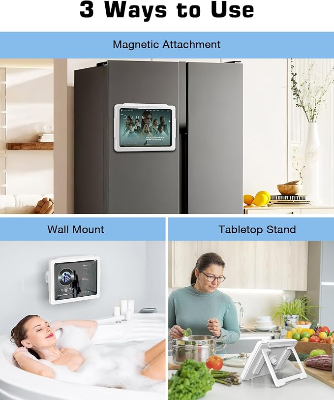 MoKo iPad Shower Holder Waterproof, 360° Rotatable Shower Tablet Holder for 11" iPad, Magnetic Tablet Mount for Fridge, Telescopic Arm, Anti-Fog Touch Screen, 3 Placement Modes, for Bathroom Kitchen