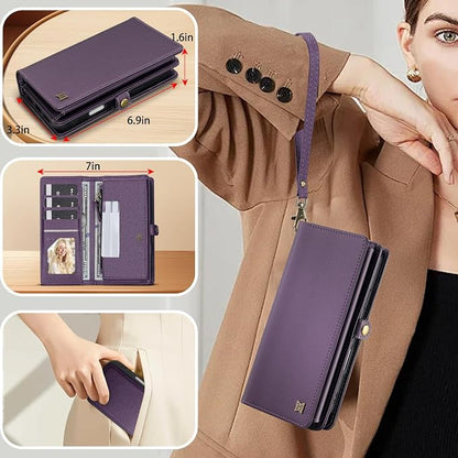for Wallet Case Compatible with iPhone 16 Pro Max,Multi-Function Detachable 2 in 1 Magnetic iPhone 16 Pro Max Case Wallet,Flip Strap Zipper Card Holder Phone Case with Shoulder Straps (Pruple)
