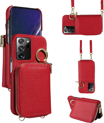 Wallet Case for Samsung Galaxy Note 20 Ultra 5G, Shoulder Strap Ring Buckle, Zipper Flip Organ Purse, Card Holder Phone Cover for Note20 Plus Notes 20Ultra Note20+ U + 20+ Twenty Not S20 Red