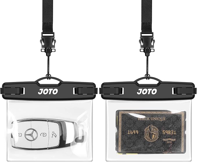 JOTO 2 Pack Waterproof Car Key FOB Case with Lanyard for Swimming Surfing, Small Waterproof Wallet Dry Bag for Money Credit ID Card Cash Coins -Black