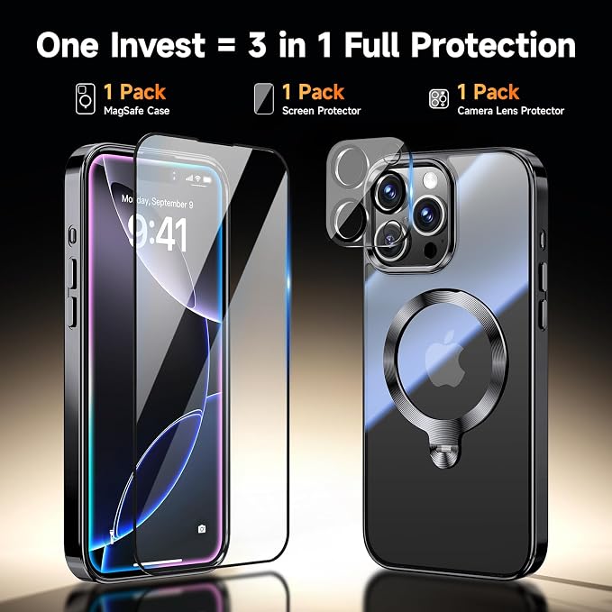 [Tri-Shield Protection] for iPhone 16 Pro Case with 360° Spin Stand Compatible with MagSafe [Magnetic CD Ring] [Screen & Camera Lens Protector] Shockproof Plating Never-Yellowing, Black-6.3"